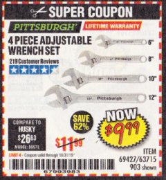 Harbor Freight Coupon 4 PIECE ADJUSTABLE WRENCH SET Lot No. 903/69427/60690 Expired: 10/31/19 - $9.99