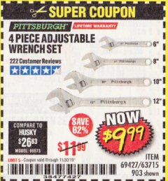 Harbor Freight Coupon 4 PIECE ADJUSTABLE WRENCH SET Lot No. 903/69427/60690 Expired: 11/30/19 - $9.99