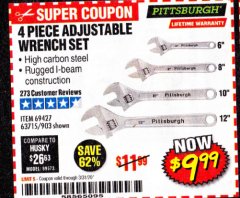 Harbor Freight Coupon 4 PIECE ADJUSTABLE WRENCH SET Lot No. 903/69427/60690 Expired: 6/30/20 - $9.99