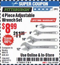 Harbor Freight Coupon 4 PIECE ADJUSTABLE WRENCH SET Lot No. 903/69427/60690 Expired: 9/13/20 - $8.99