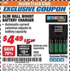 Harbor Freight ITC Coupon SLIM WALL MOUNT BATTERY CHARGER Lot No. 62154/68025 Expired: 11/30/18 - $4.49
