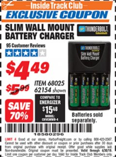 Harbor Freight ITC Coupon SLIM WALL MOUNT BATTERY CHARGER Lot No. 62154/68025 Expired: 4/30/19 - $4.49