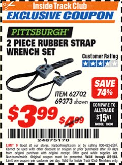 Harbor Freight ITC Coupon 2 PIECE RUBBER STRAP WRENCH SET Lot No. 69373/94119/40198/62702 Expired: 8/31/18 - $3.99