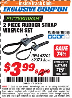 Harbor Freight ITC Coupon 2 PIECE RUBBER STRAP WRENCH SET Lot No. 69373/94119/40198/62702 Expired: 10/31/18 - $3.99