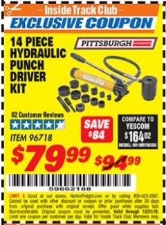 Harbor Freight ITC Coupon 14 PIECE HYDRAULIC PUNCH DRIVER KIT Lot No. 96718/56411 Expired: 12/31/18 - $79.99