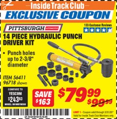 Harbor Freight ITC Coupon 14 PIECE HYDRAULIC PUNCH DRIVER KIT Lot No. 96718/56411 Expired: 3/31/20 - $79.99