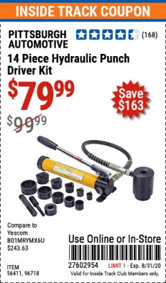 Harbor Freight ITC Coupon 14 PIECE HYDRAULIC PUNCH DRIVER KIT Lot No. 96718/56411 Expired: 8/31/20 - $79.99