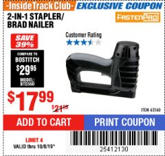 Harbor Freight ITC Coupon 3-IN-1 STAPLER/BRAD/PIN NAILER Lot No. 93749/63160 Expired: 10/8/19 - $17.99