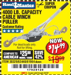 Harbor Freight Coupon 4000 LB. CAPACITY CABLE WINCH PULLER Lot No. 18600 Expired: 2/4/20 - $14.99