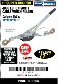 Harbor Freight Coupon 4000 LB. CAPACITY CABLE WINCH PULLER Lot No. 18600 Expired: 6/30/20 - $14.99