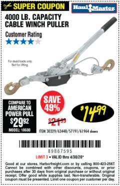 Harbor Freight Coupon 4000 LB. CAPACITY CABLE WINCH PULLER Lot No. 18600 Expired: 6/30/20 - $14.99