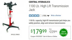 Harbor Freight Coupon 1100 LB. CAPACITY HIGH LIFT TRANSMISSION JACK Lot No. 33615 Expired: 6/30/20 - $179.99