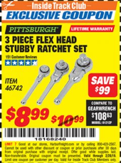 Harbor Freight ITC Coupon 3 PIECE FLEX HEAD STUBBY RATCHETS Lot No. 46742 Expired: 2/28/19 - $8.99