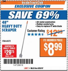 Harbor Freight ITC Coupon 48" HEAVY DUTY SCRAPER Lot No. 60572 Expired: 8/28/18 - $8.99