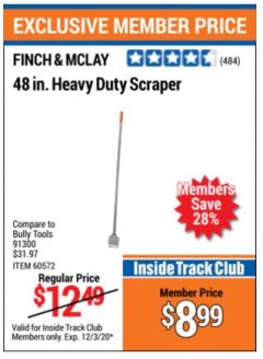 Harbor Freight ITC Coupon FINCH & MCLAY FLOOR 48 IN. SCRAPER Lot No. 60572 Expired: 12/3/20 - $8.99