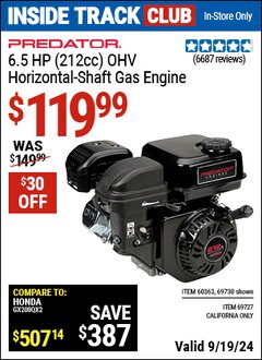 Harbor Freight ITC Coupon PREDATOR 6.5 HP (212CC) OHV HORIZONTAL-SHAFT GAS ENGINE Lot No. 69730/69730/69727/72898 Expired: 9/19/24 - $119.99