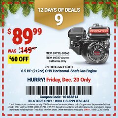 Harbor Freight Coupon PREDATOR 6.5 HP (212CC) OHV HORIZONTAL-SHAFT GAS ENGINE Lot No. 69730/69730/69727/72898 Expired: 12/20/24 - $89.99