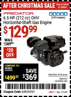 Harbor Freight Coupon PREDATOR 6.5 HP (212 CC) OHV HORIZONTAL SHAFT GAS ENGINES Lot No. 60363/68120/69730/68121/69727 Expired: 1/7/24 - $129.99