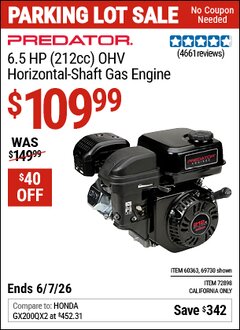 Harbor Freight Coupon PREDATOR 6.5 HP (212CC) OHV HORIZONTAL-SHAFT GAS ENGINE Lot No. 69730/60363/72898 Expired: 6/7/26 - $109.99