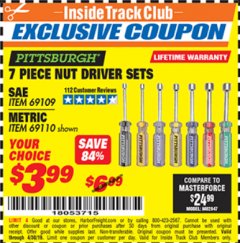 Harbor Freight ITC Coupon 7 PIECE NUT DRIVER SETS Lot No. 69109/69110 Expired: 4/30/19 - $3.99