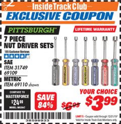 Harbor Freight ITC Coupon 7 PIECE NUT DRIVER SETS Lot No. 69109/69110 Expired: 12/31/19 - $3.99