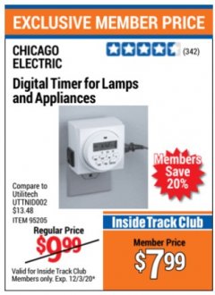 Harbor Freight ITC Coupon DIGITAL TIMER Lot No. 95205 Expired: 12/3/20 - $7.99