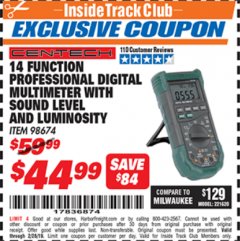 Harbor Freight ITC Coupon 14 FUNCTION PROFESSIONAL DIGITAL MULTIMETER WITH SOUND LEVEL AND LUMINOSITY Lot No. 98674 Expired: 2/28/19 - $44.99