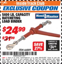 Harbor Freight ITC Coupon 5400 LB. RATCHETING LOAD BINDER Lot No. 66889 Expired: 1/31/19 - $24.99