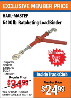 Harbor Freight ITC Coupon 5400 LB. RATCHETING LOAD BINDER Lot No. 66889 Expired: 10/31/20 - $24.99