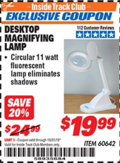 Harbor Freight ITC Coupon DESKTOP MAGNIFYING LAMP Lot No. 60642/97448 Expired: 10/31/19 - $19.99