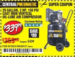 Harbor Freight Coupon 2 HP, 29 GALLON 150 PSI CAST IRON VERTICAL AIR COMPRESSOR Lot No. 62765/68127/69865/61489 Expired: 11/12/17 - $339.99