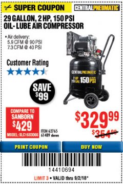 Harbor Freight Coupon 2 HP, 29 GALLON 150 PSI CAST IRON VERTICAL AIR COMPRESSOR Lot No. 62765/68127/69865/61489 Expired: 9/2/18 - $329.99