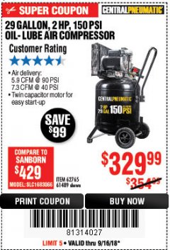 Harbor Freight Coupon 2 HP, 29 GALLON 150 PSI CAST IRON VERTICAL AIR COMPRESSOR Lot No. 62765/68127/69865/61489 Expired: 9/16/18 - $329.99