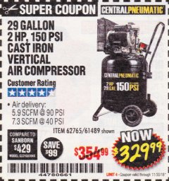 Harbor Freight Coupon 2 HP, 29 GALLON 150 PSI CAST IRON VERTICAL AIR COMPRESSOR Lot No. 62765/68127/69865/61489 Expired: 11/30/18 - $329.99