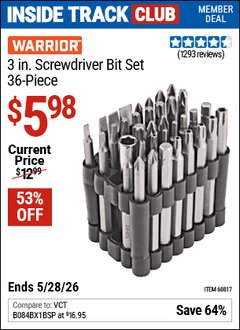 Harbor Freight Coupon WARRIOR 3 IN. SCREWDRIVER BIT SET, 36-PIECE Lot No. 68817 Valid: 12/31/69 - 5/28/26 - $5.98