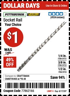 Harbor Freight Coupon PITTSBURGH SOCKET RAIL Lot No. 39722/39721/39723 EXPIRES: 6/17/26 - $1