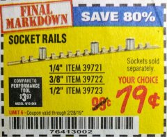 Harbor Freight Coupon SOCKET RAILS Lot No. 39721/39722/39723 Expired: 2/28/19 - $0.79