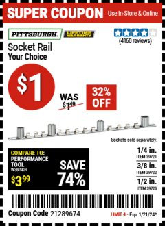 Harbor Freight Coupon PITTSBURGH SOCKET RAIL Lot No. 39722/39721/39723 Expired: 1/21/24 - $1