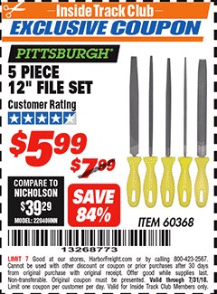 Harbor Freight ITC Coupon 5 PIECE 12" FILE SET Lot No. 7520/60368 Expired: 7/31/18 - $5.99