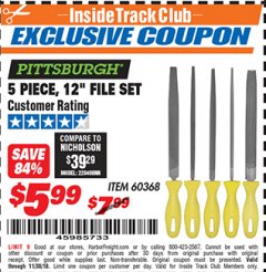 Harbor Freight ITC Coupon 5 PIECE 12" FILE SET Lot No. 7520/60368 Expired: 11/30/18 - $5.99