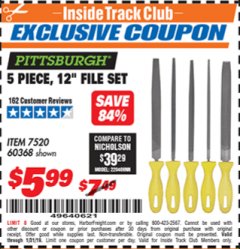 Harbor Freight ITC Coupon 5 PIECE 12" FILE SET Lot No. 7520/60368 Expired: 1/31/19 - $5.99