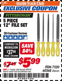 Harbor Freight ITC Coupon 5 PIECE 12" FILE SET Lot No. 7520/60368 Expired: 9/30/19 - $5.99
