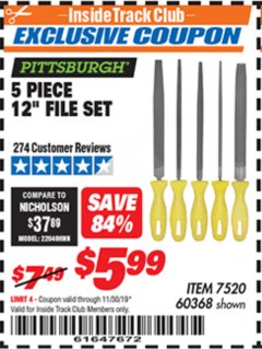 Harbor Freight ITC Coupon 5 PIECE 12" FILE SET Lot No. 7520/60368 Expired: 11/30/19 - $5.99