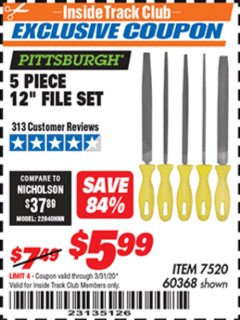 Harbor Freight ITC Coupon 5 PIECE 12" FILE SET Lot No. 7520/60368 Expired: 3/31/20 - $5.99