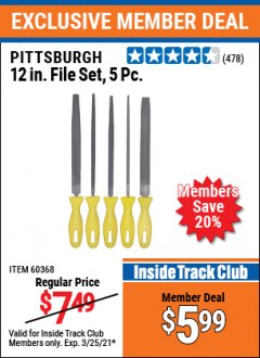 Harbor Freight ITC Coupon PITTSBURGH 12 IN. FILE SET, 5-PIECE Lot No. 60368 Expired: 3/25/21 - $5.99