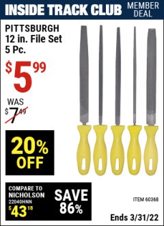 Harbor Freight ITC Coupon 5 PIECE 12" FILE SET Lot No. 7520/60368 Expired: 3/31/22 - $5.99