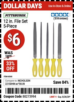 Harbor Freight Coupon PITTSBURGH 12 IN. FILE SET, 5-PIECE Lot No. 60368 EXPIRES: 8/26/26 - $6