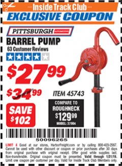 Harbor Freight ITC Coupon BARREL PUMP Lot No. 45743 Expired: 1/31/19 - $27.99