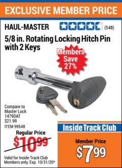 Harbor Freight ITC Coupon 5/8" ROTATING LOCKING HITCH PIN WITH 2 KEYS Lot No. 99548 Expired: 10/31/20 - $7.99