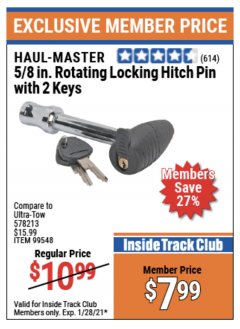 Harbor Freight ITC Coupon 5/8" ROTATING LOCKING HITCH PIN WITH 2 KEYS Lot No. 99548 Expired: 1/28/21 - $7.99